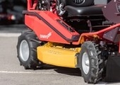 Close up of mower photographed outside store front